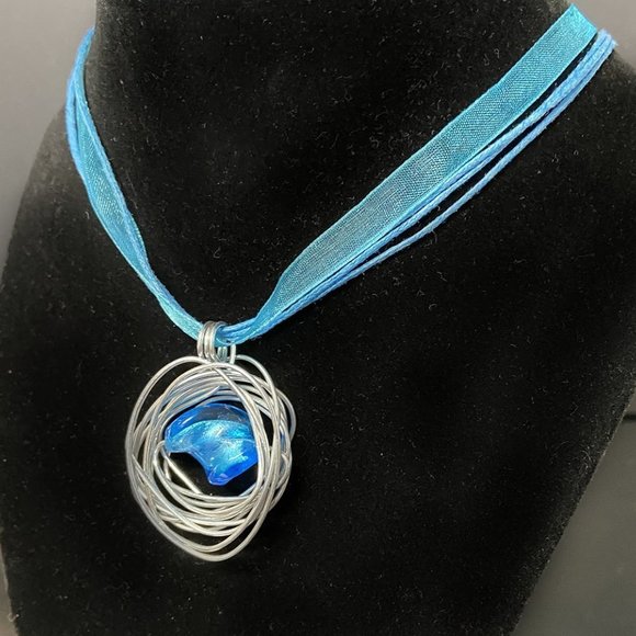Stunning Blue Glass Twisted Bead Wire Wrapped Necklace Handcrafted by Artisan - Picture 2 of 7